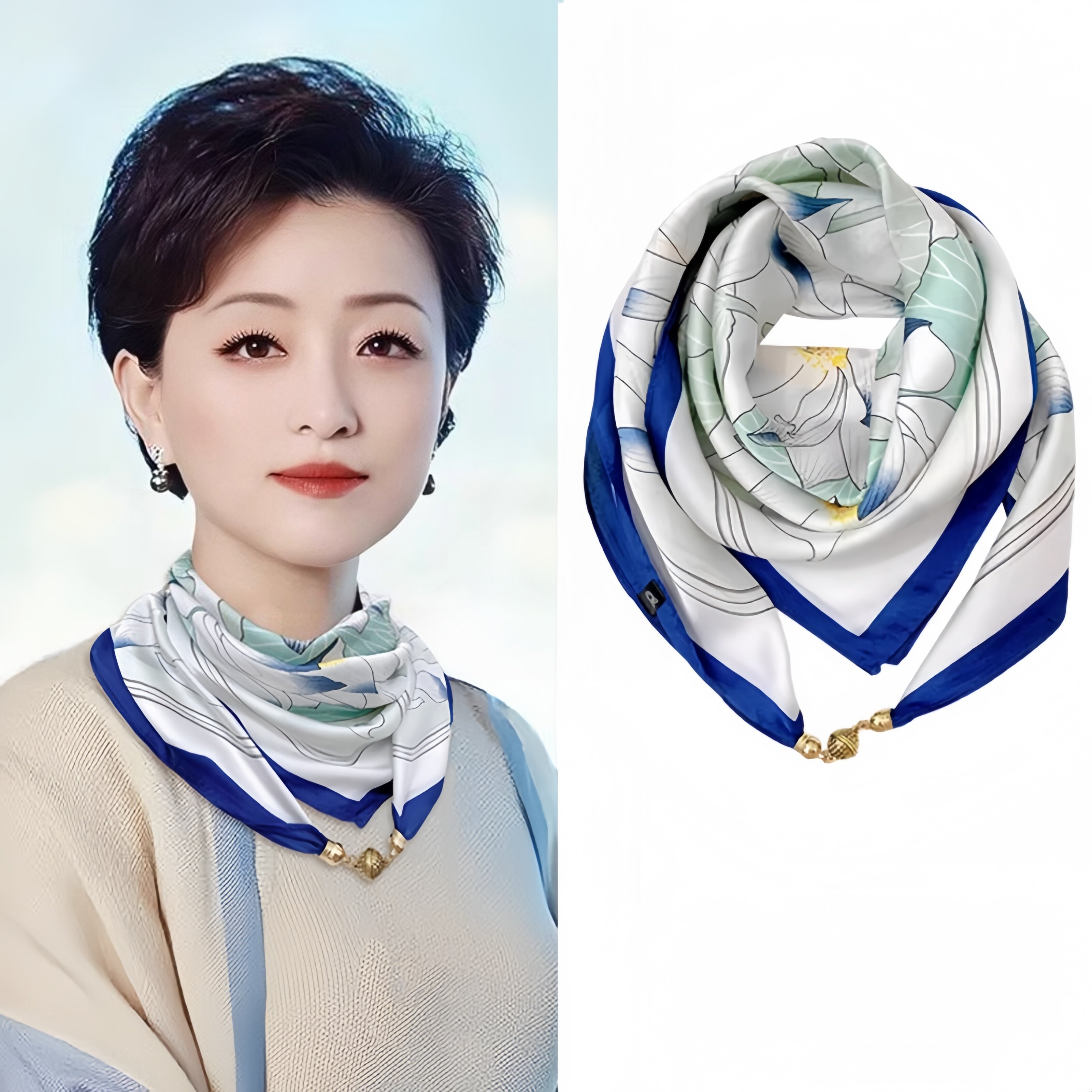 2026新款百搭磁吸扣春秋季小方巾三角丝巾女印花多功能护颈围脖