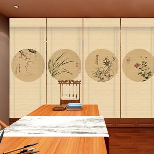 装 遮阳新中式 饰印花梅兰竹菊书房背景窗帘隔断帘挂画茶室竹帘卷帘