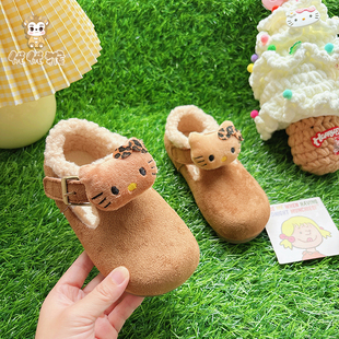 女童可爱皮面毛绒勃肯鞋厚底软底儿童加绒加棉薄绒保暖毛毛鞋韩版