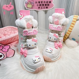 2025新款女童女孩东北女款圣诞靴白色防滑防水秋冬皮面加绒雪地靴