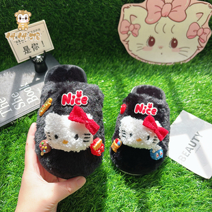 女童黑色棉拖鞋包头外穿女款儿童毛毛拖鞋高级感平底防滑家居棉拖
