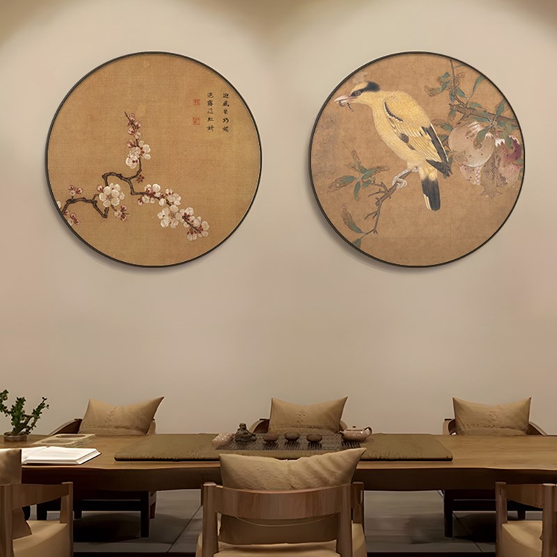 宋代美学圆形挂画新中式蝴蝶茶室装饰画太湖石玄关画客厅花鸟壁画图片