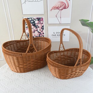 仿藤编织收纳筐元宝购物篮买菜野餐篮祈福篮露营水果篮采摘手提篮