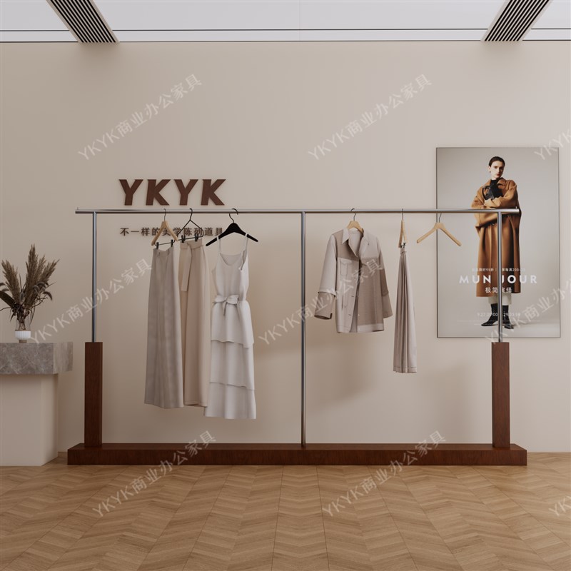 服装店展示架实木原木高级中古不锈钢胡桃木色女装货架中岛落地架