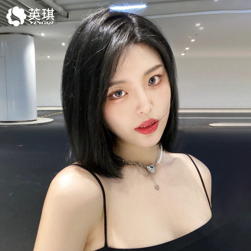 假发女短发时尚一刀切真发全真人发减龄中长偏分波波头蕾丝全头套