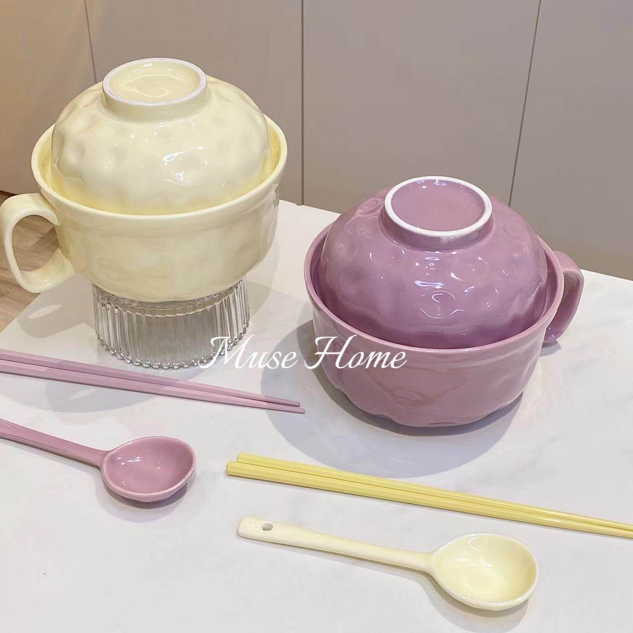 迟纪奶油风陶瓷泡面碗学生宿舍个人专用带盖勺方便面碗带手柄