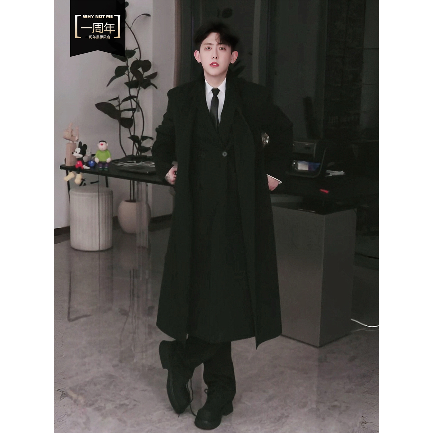 倒三角正肩收腰毛呢大衣风衣长款过膝韩系假两件