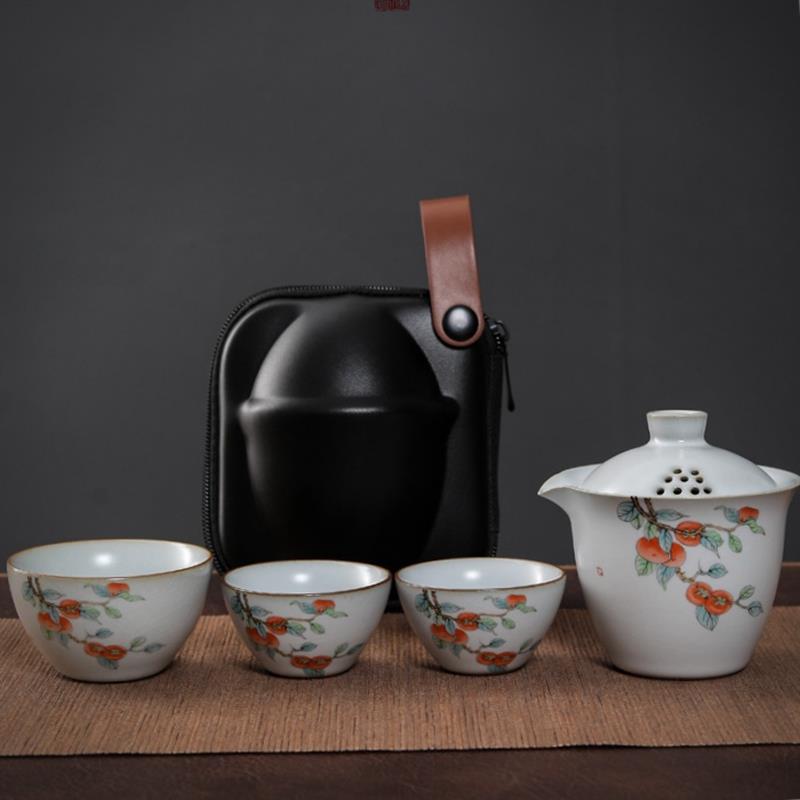 陶瓷一壶三杯汝窑快客杯便携一体收纳带皮包车载旅行茶具套装小套