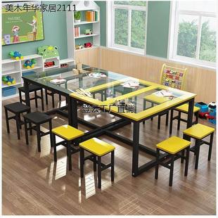 幼儿园彩色玻璃美术绘画桌手工书法画室桌学生补习辅导培训班课桌