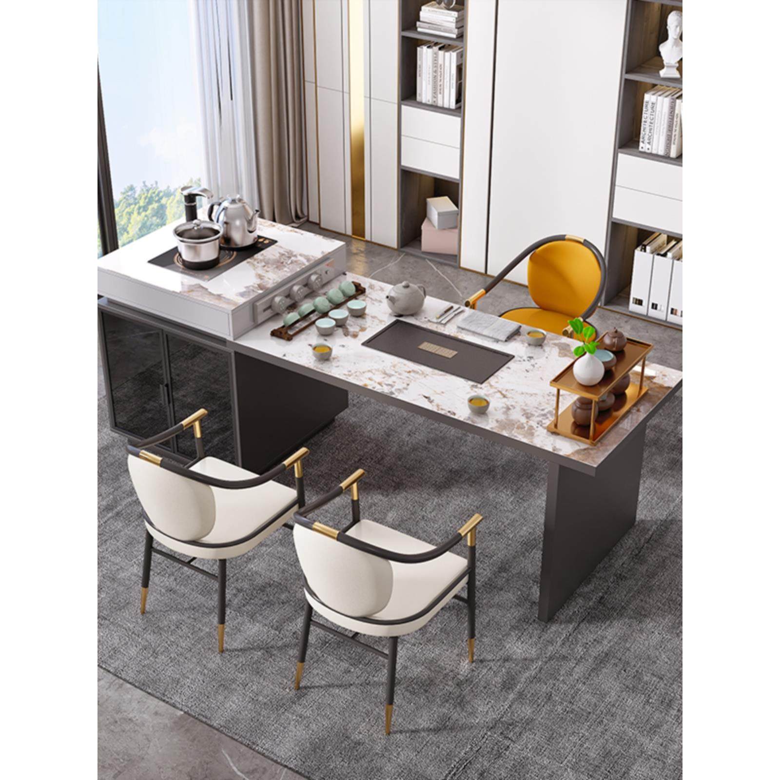 轻奢简约岩板岛台餐桌一体多功能家用吧台桌开放式厨房餐边柜组合