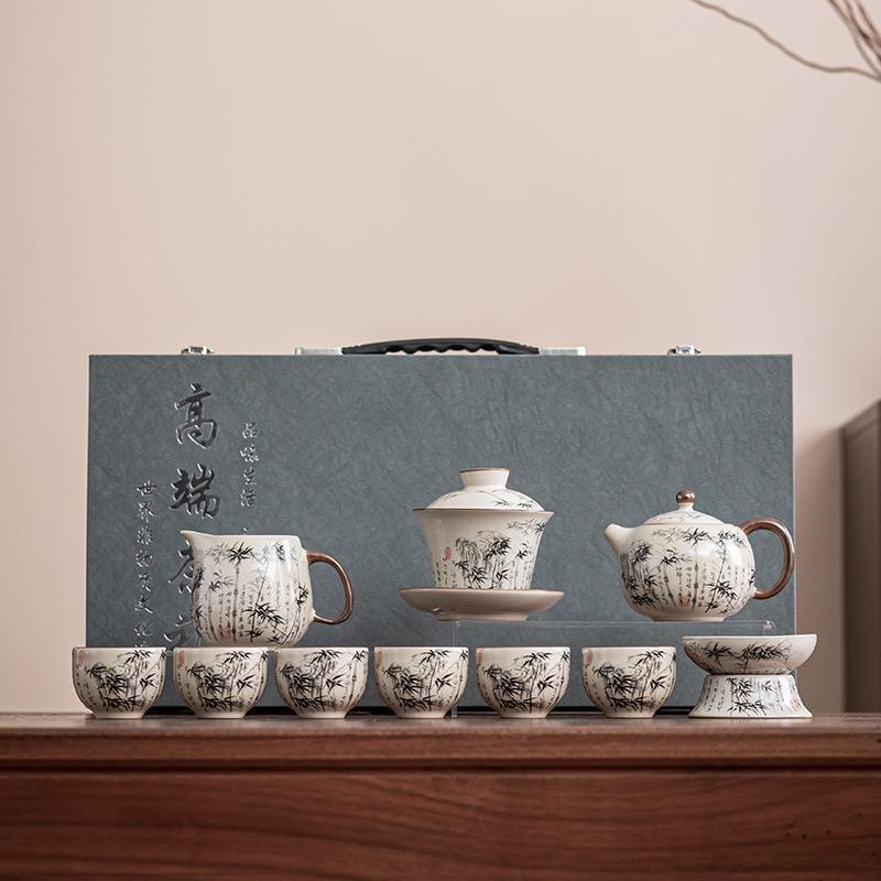 竹节汝窑茶具套装高端全套轻奢覆古家用茶杯泡茶壶陶瓷中式礼盒装
