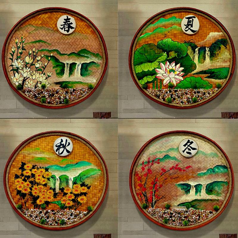 手绘竹编画复古做旧墙面装饰挂件梅兰竹菊墙壁挂饰品春夏秋冬壁饰