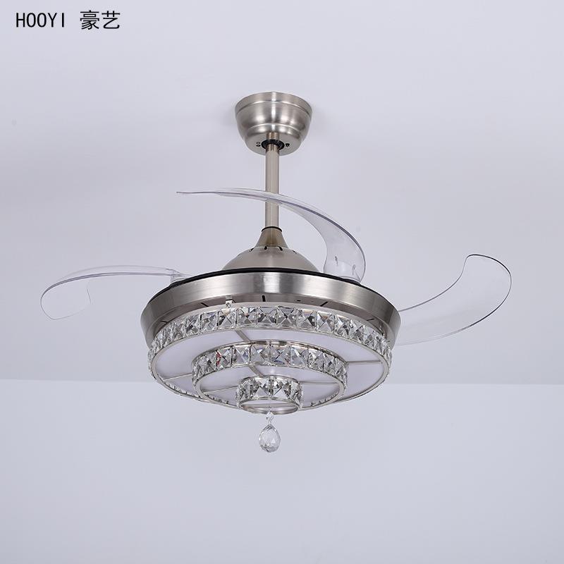 中山灯具跨境电商隐形水晶简约遥控led电风扇吊灯吊扇灯智能
