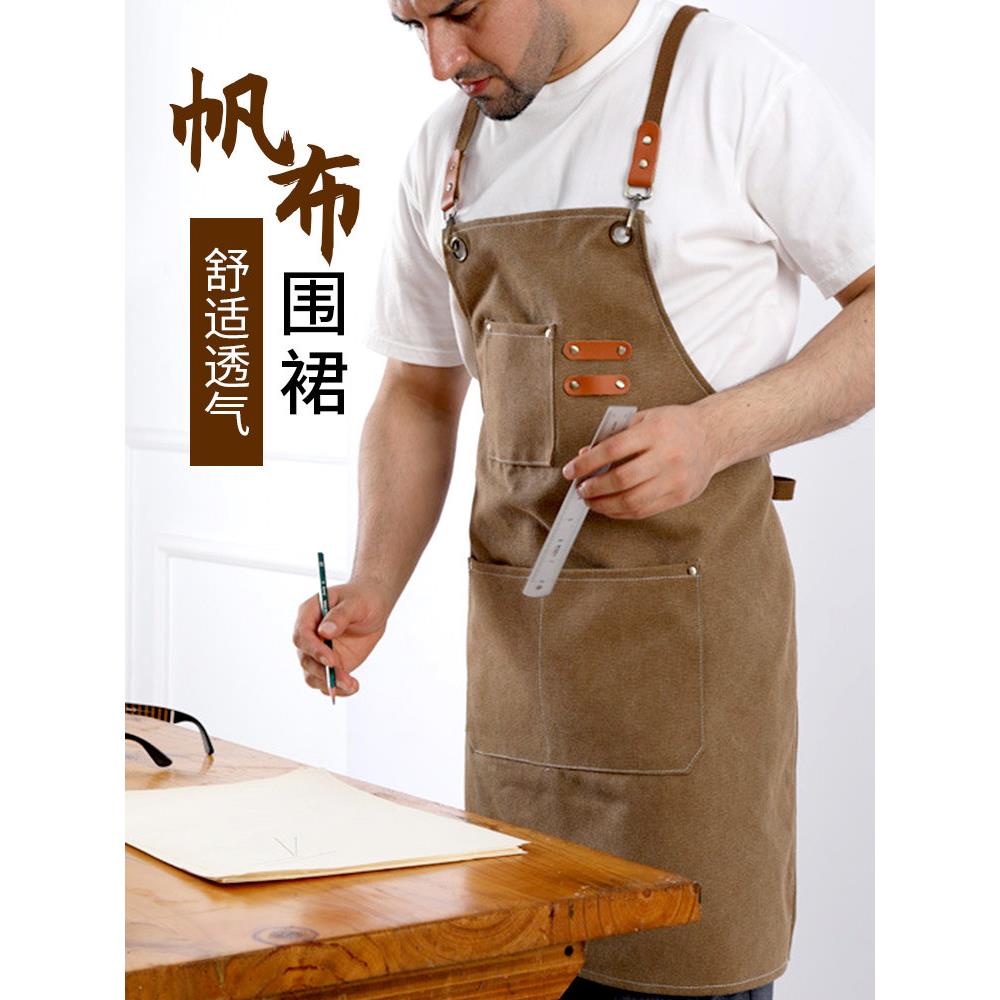 新款时尚帆布围裙男士牛仔防尘定制女厨房油餐厅工作围腰围裙水