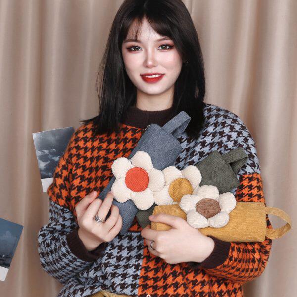 三色补丁笔袋女灯芯绒清新小雏菊铅笔袋大容量可爱学生文具盒礼物