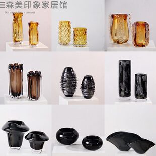 轻奢风极简意式高级黑色纹路琉璃花瓶客厅前台酒店大堂展示柜摆件