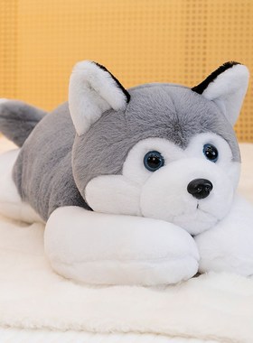 趴姿哈士奇公仔灰色围脖二哈抱枕毛绒玩具趴趴狗布娃娃送男生礼物