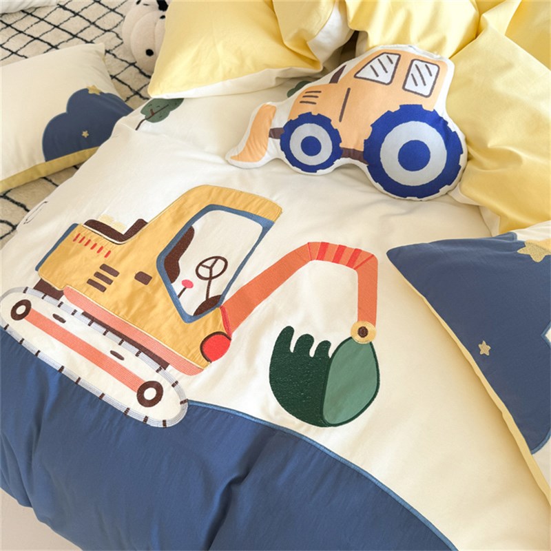 A类卡通工程车儿童50支全棉磨毛四件套少年加厚被套男孩床上用品