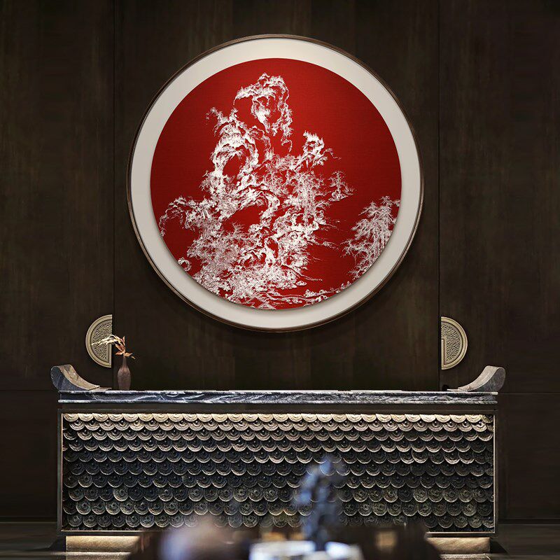 新中式客厅沙发背景墙挂画餐馆餐厅高级感圆形浮雕肌理实物装饰画