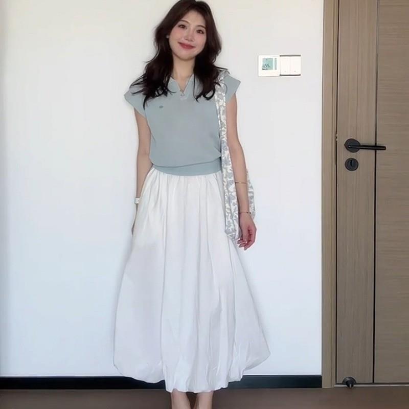 韩系甜美减龄短袖T恤上衣女夏季2025新款白色花苞半身裙子两件套