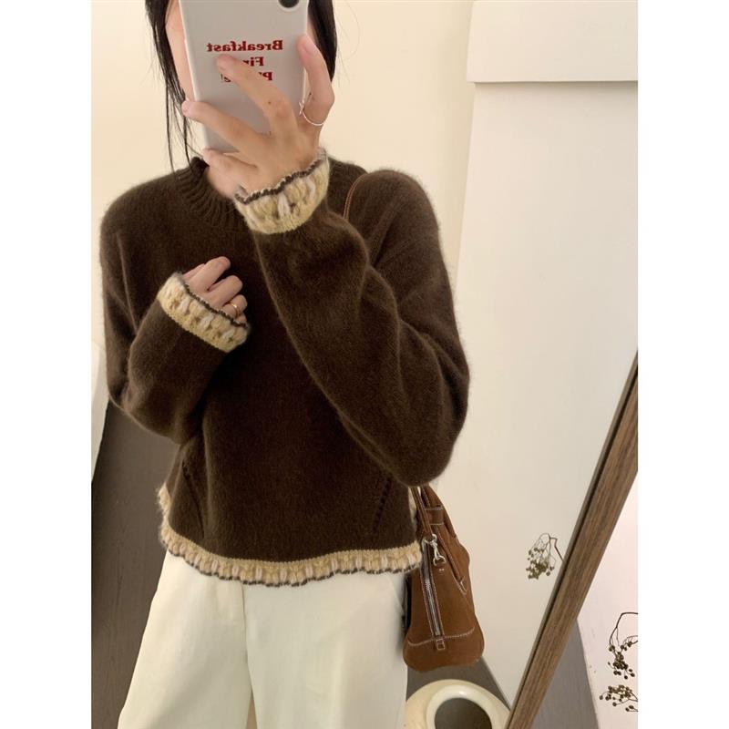 高级感超好看咖色花边针织