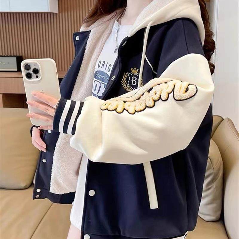 棒球服棉服加绒加厚羊羔毛外套秋冬12岁大童15初中学生13少女上衣