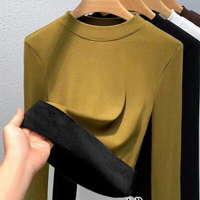 加绒加厚半高领打底衫女春秋冬季保暖大衣内搭一体绒长袖针织上衣