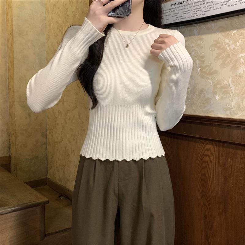 针织波浪下摆内搭秋冬穿搭短款毛衣女气质百搭修身打底衫上衣圆领
