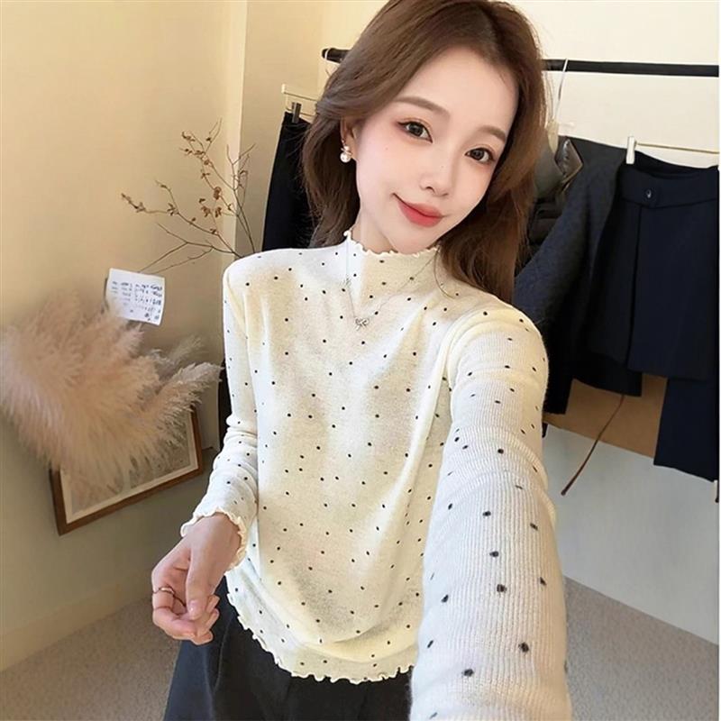韩系半高领波点花边长袖T