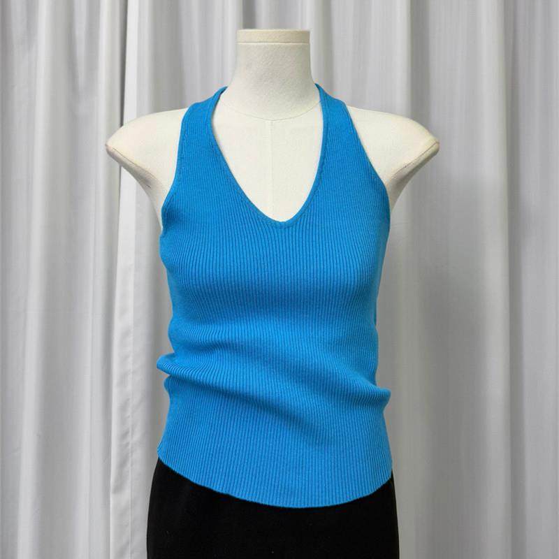 性感露背蓝色V领挂脖吊带背心女2025新款独特设计感针织无袖上衣