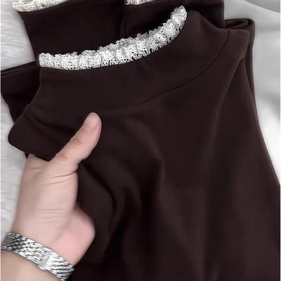 大码德绒蕾丝拼接长袖T恤女秋季胖MM高级感显瘦内搭打底衫上衣潮