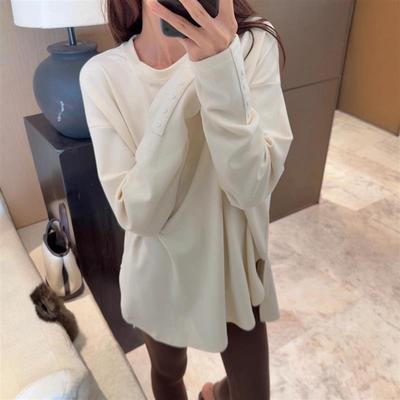 设计感白色宽松长袖T恤女秋冬内搭独特打底衫小个子洋气百搭上衣