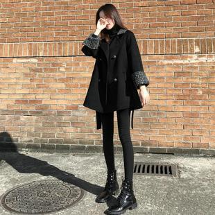 黑色加棉呢子大衣女2025年秋秋季新款格子拼接小个子短款毛呢外套