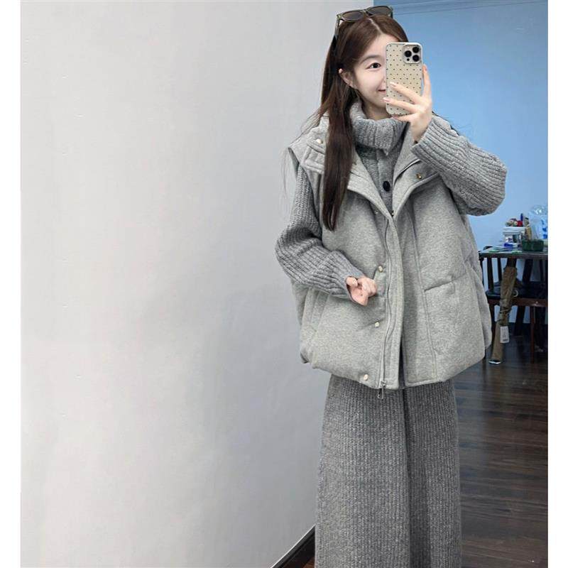 慵懒风穿搭套装女秋冬韩系复古灰色棉服马甲针织毛衣阔腿裤三件套
