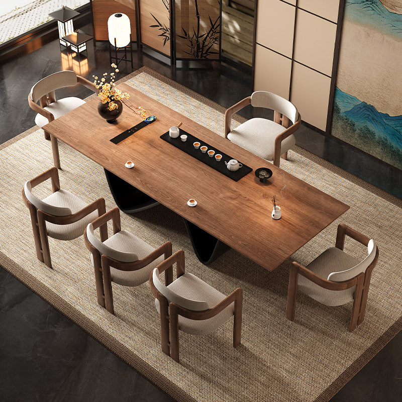 宋代美学实木茶桌椅组合一体茶台办公家用长方形功夫茶几原木茶桌