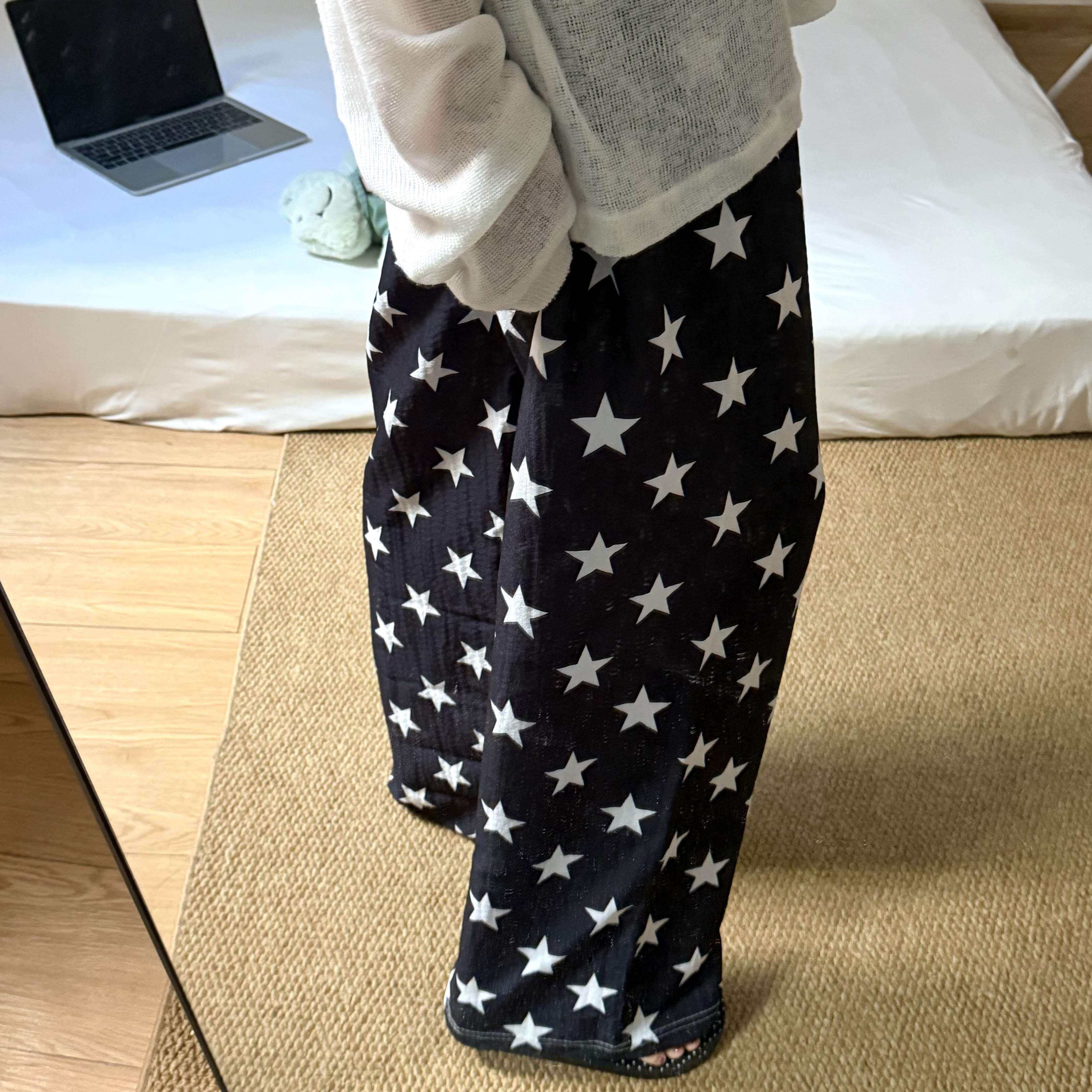 黑色星星裤子女春夏薄款遛弯裤慵懒风宽松垂坠感休闲裤直筒裤睡裤