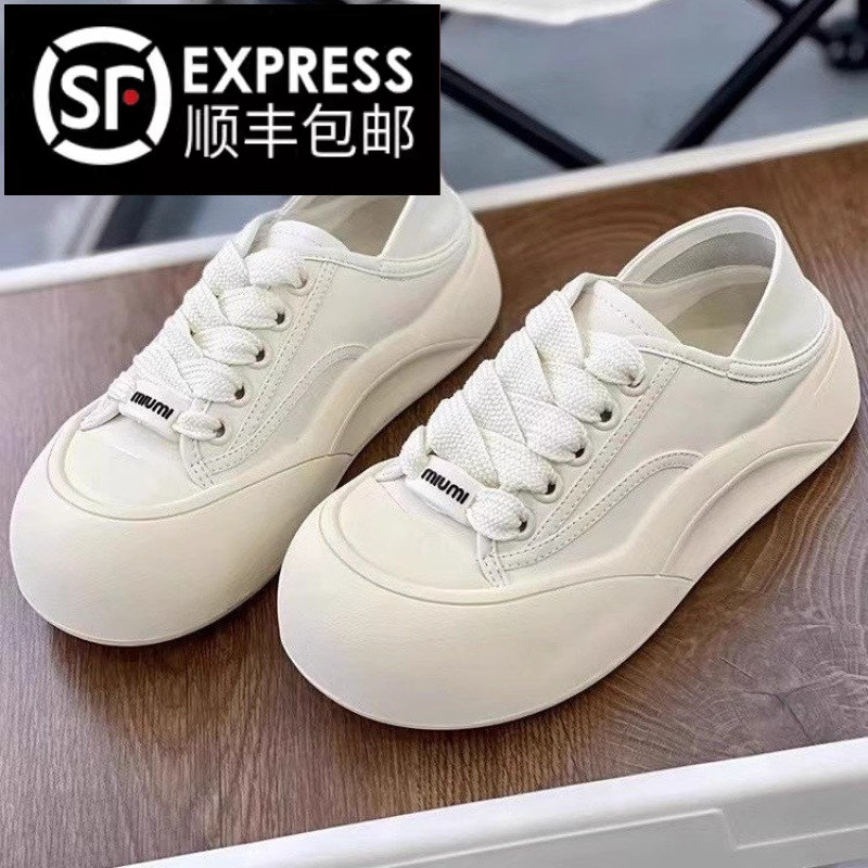 奶白两穿半拖小白鞋女丑萌夏季新款chic厚底魔术贴面包鞋大头板鞋