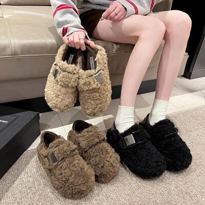 羊羔毛毛鞋女外穿2025冬季仙女风豆豆鞋加绒棉鞋厚底增高勃肯鞋子