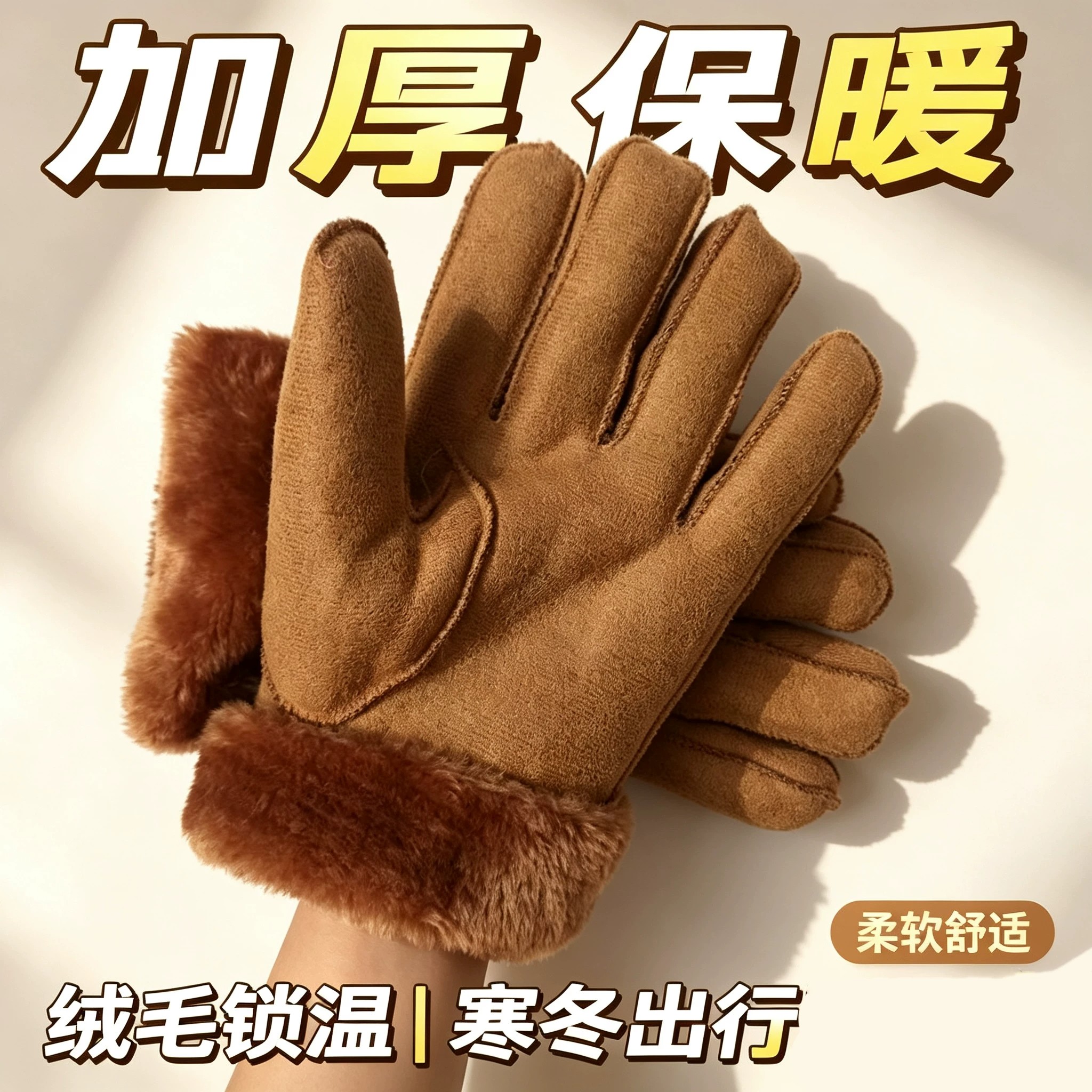 秋冬美拉德麂皮绒加绒保暖手套
