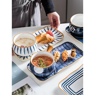手绘早餐盘创意网红一人食燕麦碗带把碗家用餐具套装 北欧陶瓷日式