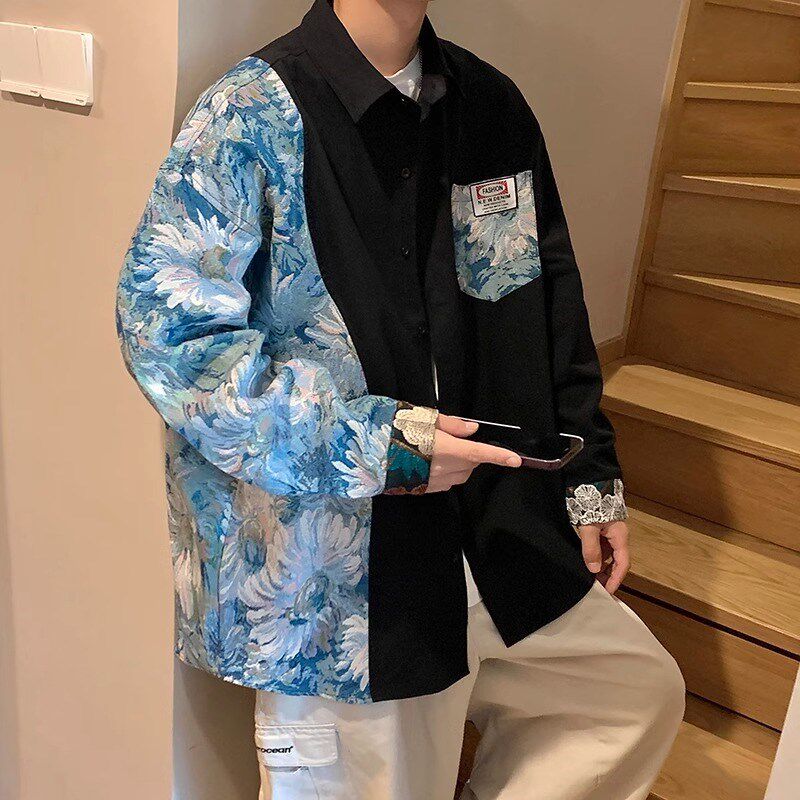 特大码300斤国潮撞色花衬衫男春季美式高街设计感民族风拼接衬衣2