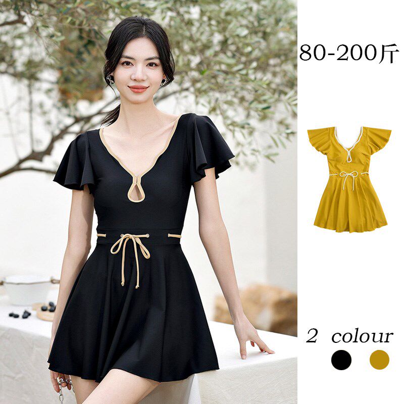 泳衣女微胖遮肉泡温泉高级感连体裙式保守显瘦飞袖洋气绑带遮肚子