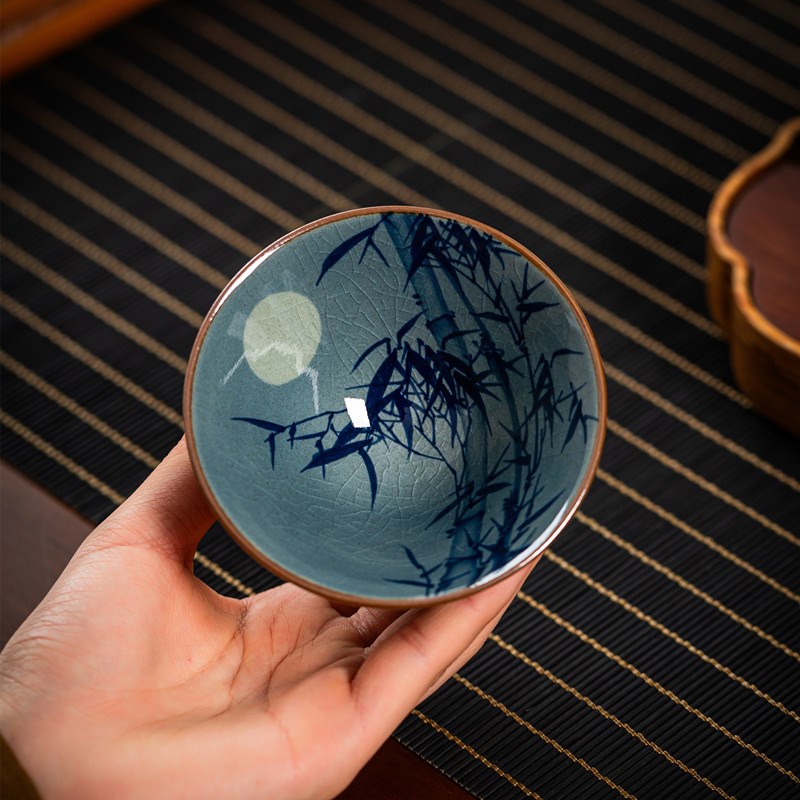 青花釉下彩手绘竹子主人杯陶瓷茶杯老陶泥柴烧斗笠杯茶具中式单杯