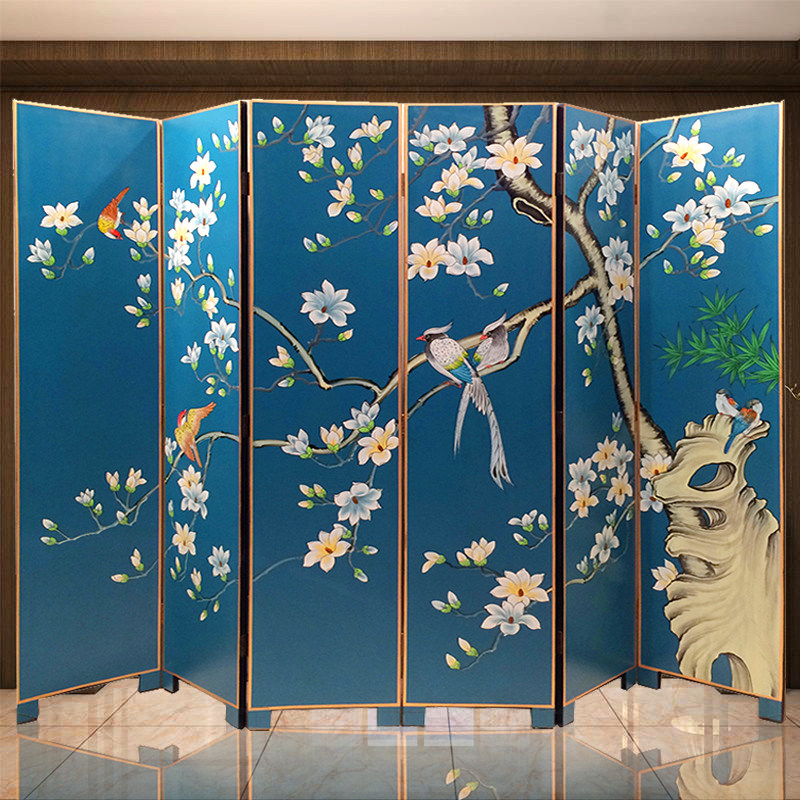 中式实木折叠屏风客厅玄关隔断办公室G背景墙装饰高档手绘漆画屏
