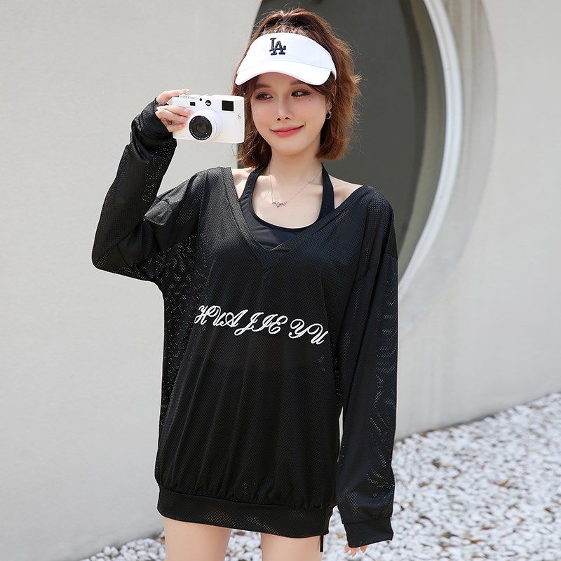 黑色微胖泳衣女遮肉显瘦休闲款分体三件套罩衫长袖挂脖简约泡温泉