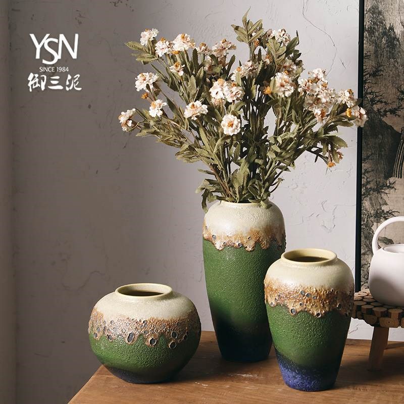 御三泥田园风粗陶花器干花插花花瓶土陶花盆新中式装饰品摆件罐子