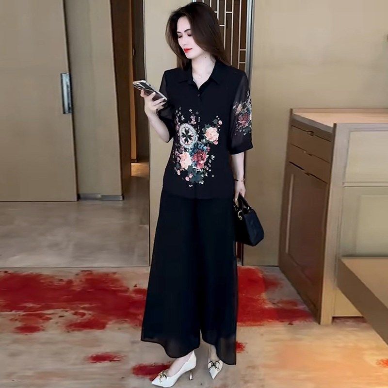 小个子时尚气质印k花套装女2025夏季新款国风碎花衬衫阔腿裤两件