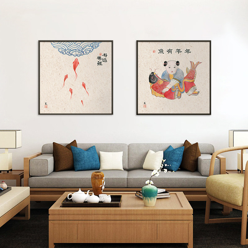 新中式餐厅挂画中国风好运锦鲤装饰画年年有余原木风客厅墙面壁画