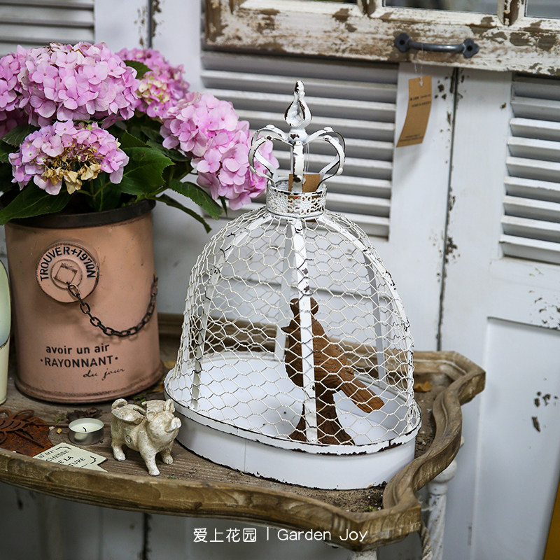 爱上花园丨园艺杂货 花r园装饰摆件 铁艺编织鸟笼白色做旧托盘收