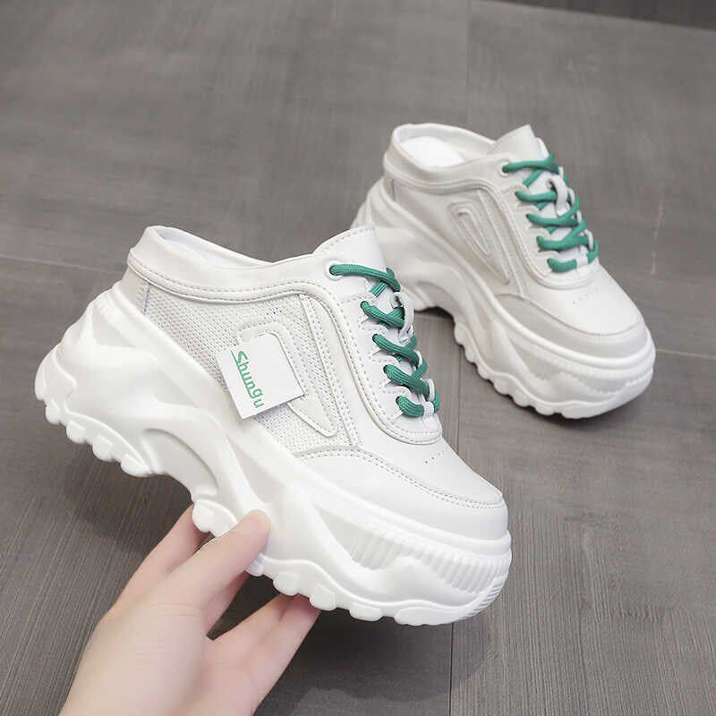 夏季新款透气10cm内增高女鞋无后跟松糕底网面厚底懒人包头半拖鞋